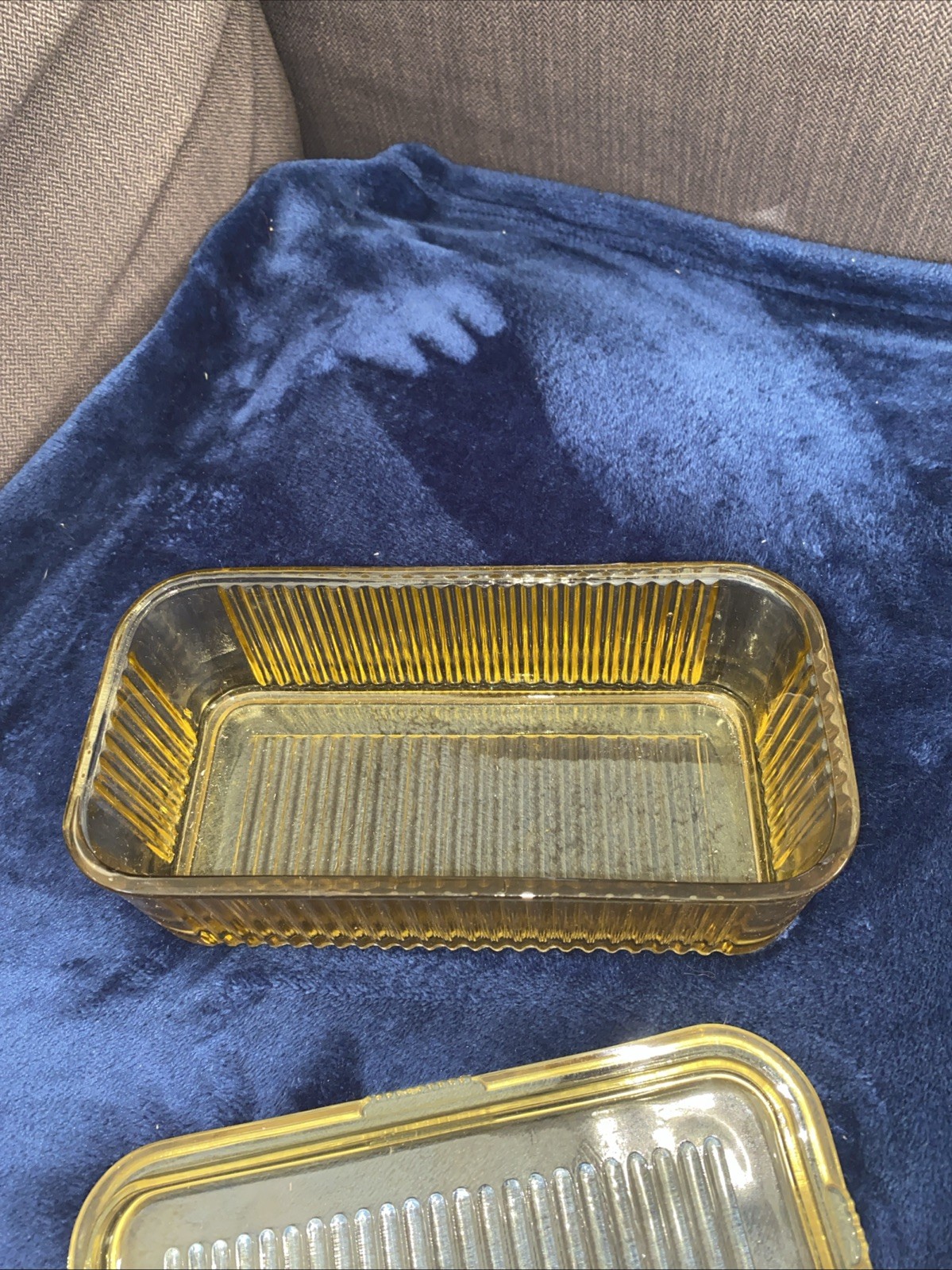 Federal Amber Glass Ribbed Refrigerator Dish W/ Matching Lid Vintage