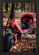 Red Electric Scooter with Helmet Framed Wall Art Poster Canvas Print Picture
