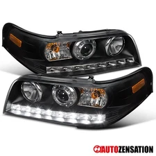 Fits 1998-2011 Ford Crown Victoria Black LED Strip Projector Headlights Lamps