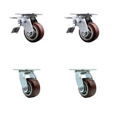 4 Inch Polyurethane Caster Set with Ball Bearings 2 Brakes 2 Swivel Locks SCC