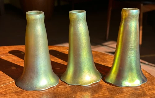 3 Trumpet Iridescent Gold Aurene Tiffany Style Art Glass Shades 1 " Fitter