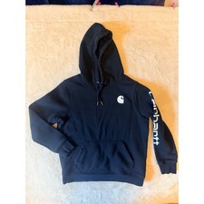 Carhartt Relaxed Fit Hoodie Black Logo Sleeve Graphic Sweatshirt Sz L 12-14