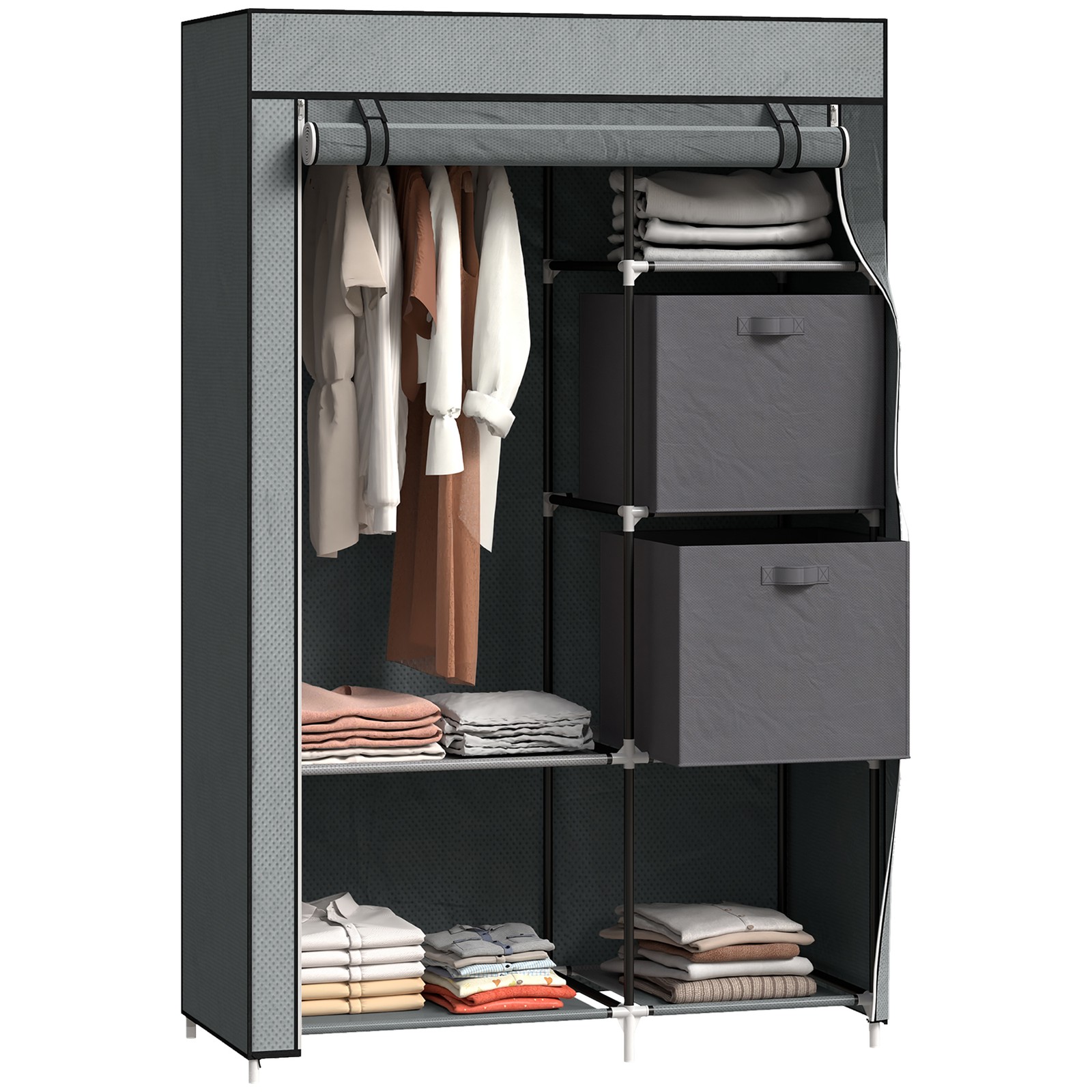 HOMCOM Fabric Portable Wardrobe with 2 Fabric Drawers Hanging Rail - Grey