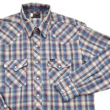 Vintage 80s Wrangler Western Pearl Snap Shirt Blue Plaid Mens XL Made in USA