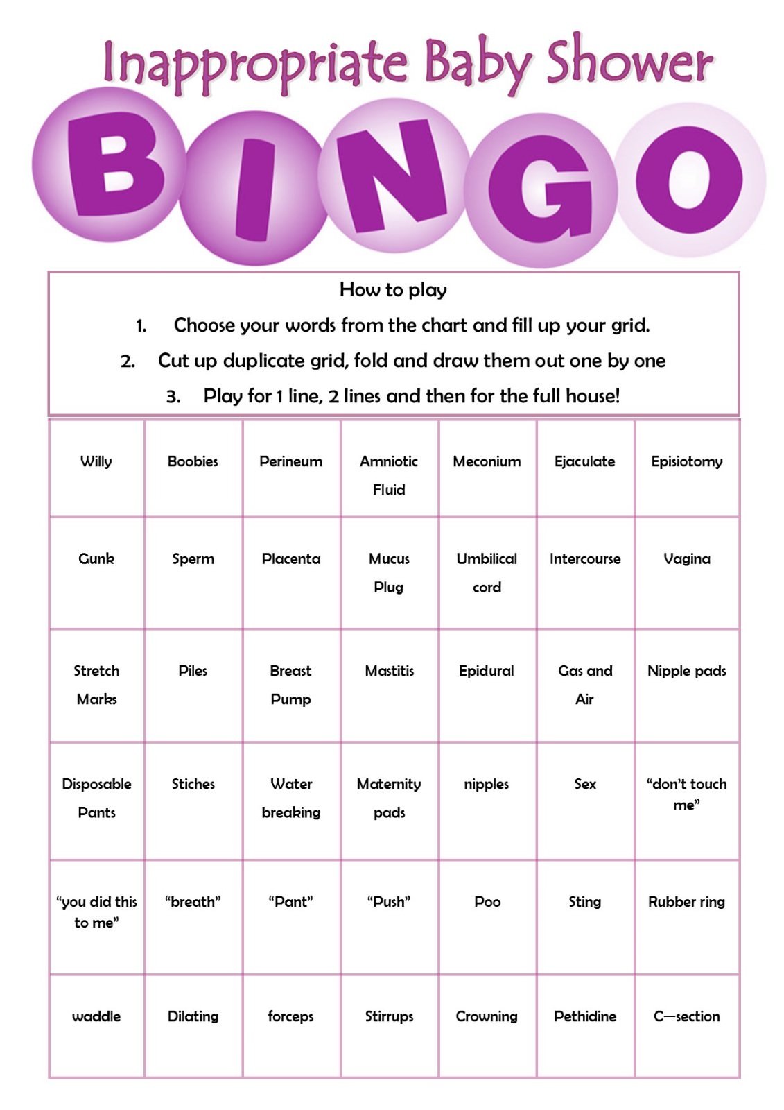 Baby Shower Games Bingo Funny Game 20 players Boy Girl Unisex Free