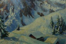 Painting Antique Hsp Landscape Mountain Summit Snowy Alps Signed Forest 1930