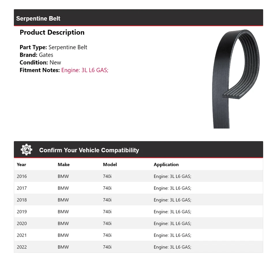 For 2016-2022 BMW 740i 3L L6 GAS Serpentine Belt Gates 2017 2018 2019 2020 2021 - Image 2 of 4