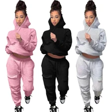 New Women Fashion Long Sleeves Hoodie Pocket Patchwork Solid Sporty Outfits 2pcs