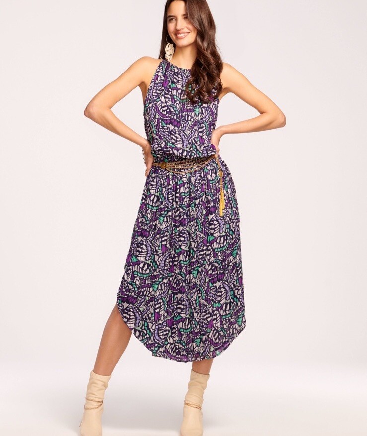 Ramy Brook Audrey Smocked Waist Butterfly Midi Dress Size Medium Purple  Multi | eBay