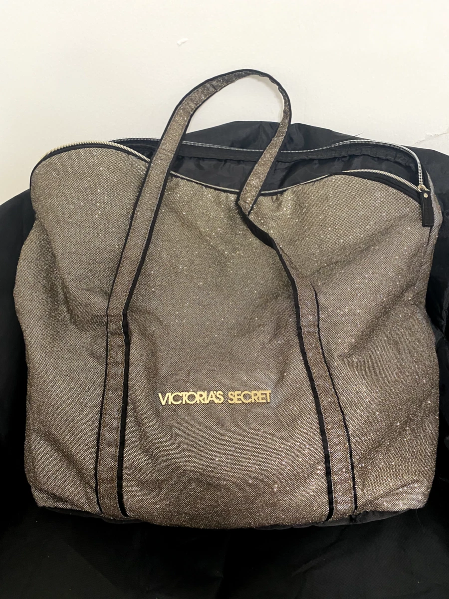 VICTORIAS SECRET Gold Metallic Glitter and Black Beach Gym & Zip Tote Bag  Large