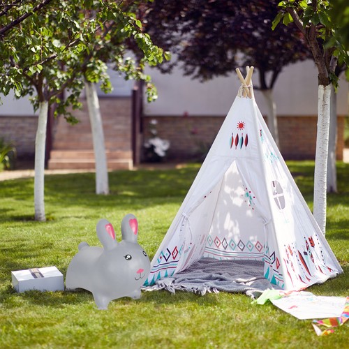Hüpftier Hase Hopstier Hüpfpferd Gummipferd Sprungtier Hüpfer mit Luftpumpe grau - Bild 5 von 10