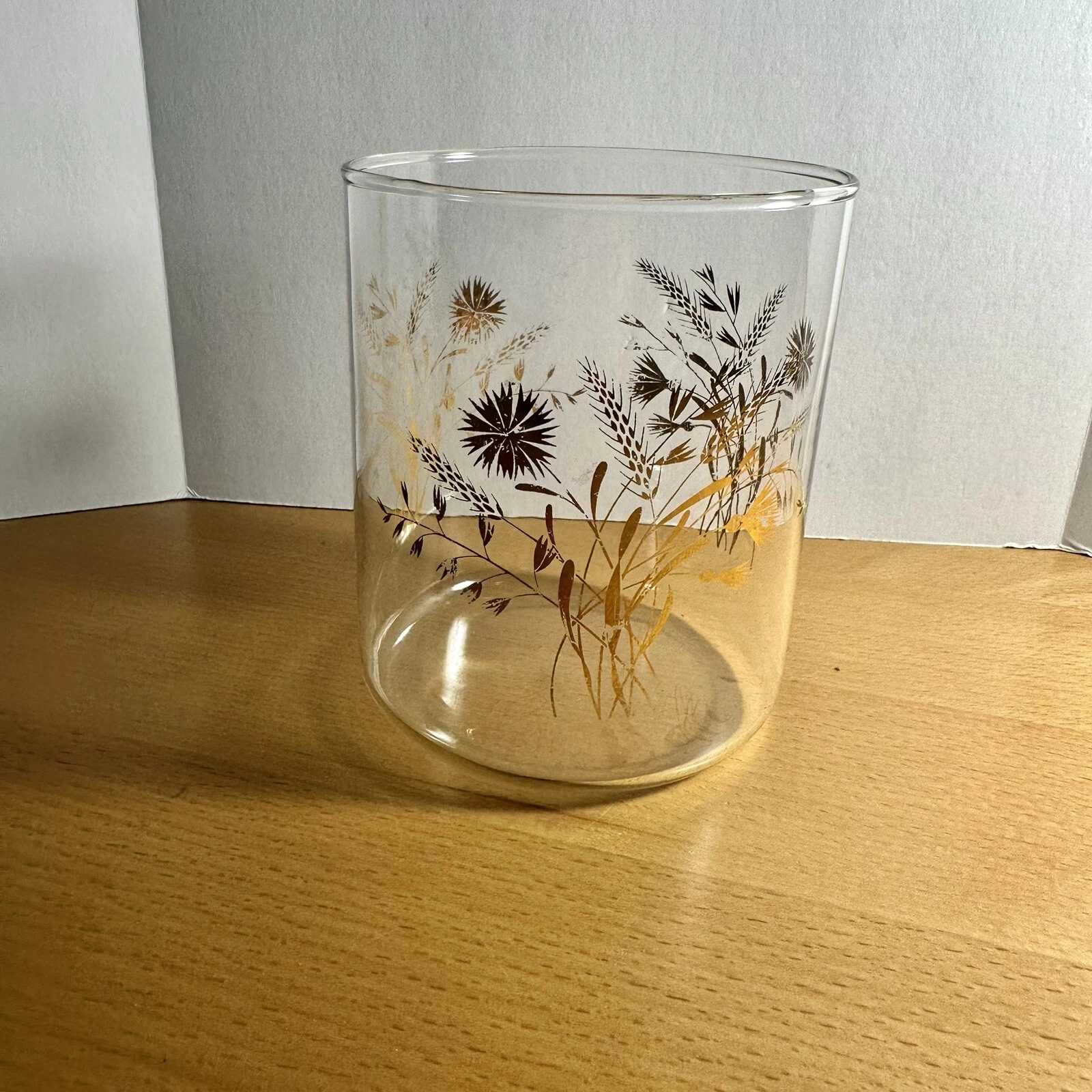 Mid Century Modern Vintage Douglas Glass Canister Gold Wheat Floral Pattern