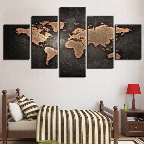 Abstract Brown World Map Canvas Prints Painting Wall Art Home Decor Picture 5PCS - Picture 3 of 4