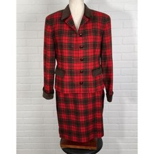 Lizsport Blazer 8 Skirt 12 Red Brown Plaid Velvet Suit Trim 2pc Wool Nylon