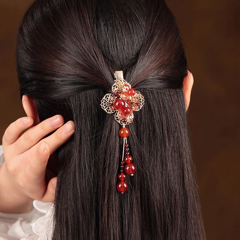 Chinese Traditional Women Red Tassel Hairpin Hair Clip Cheongsam Accessory  Gift