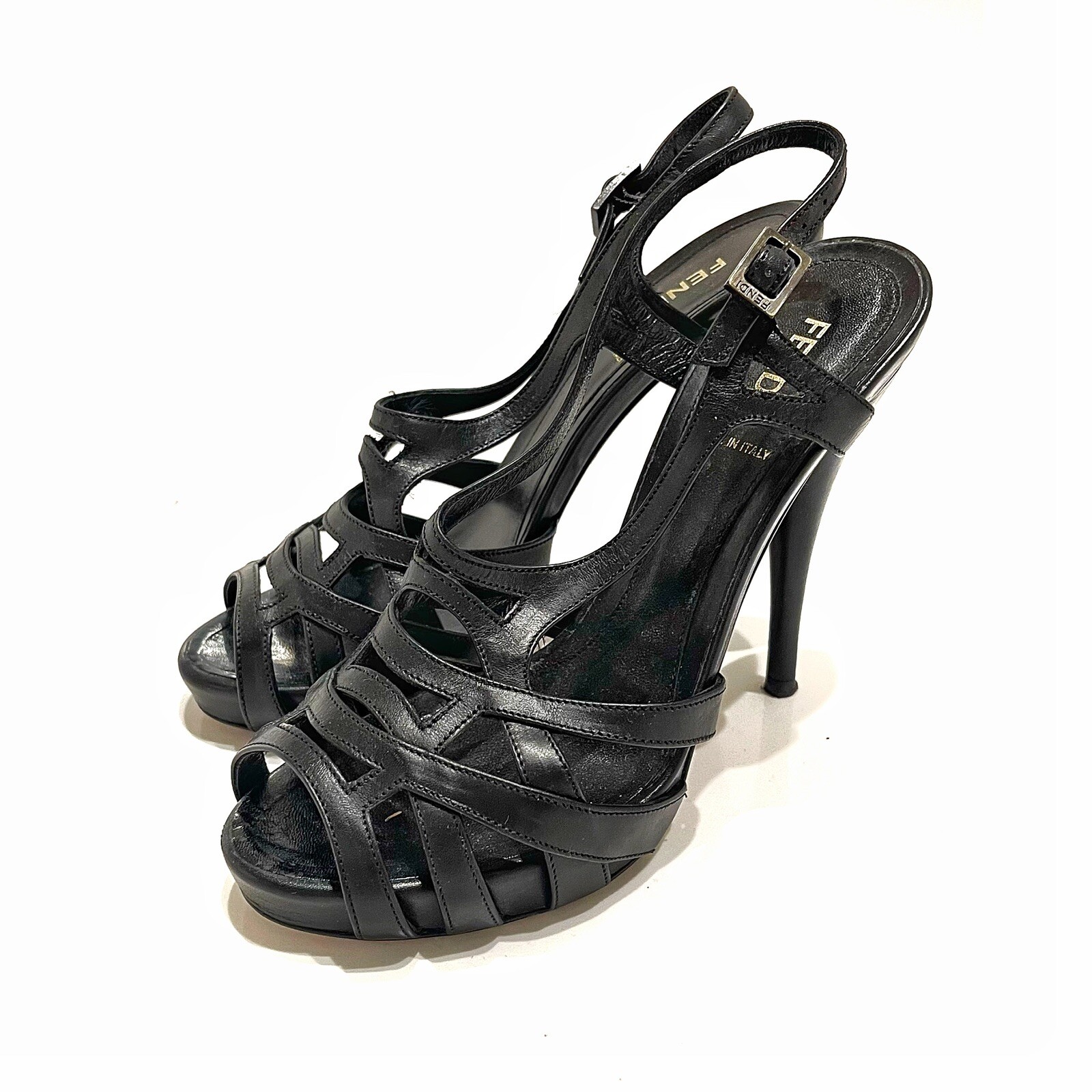 FENDI Classic Grecian Black Leather Logo Buckle High Heel Strappy Sandals 7  37 | eBay
