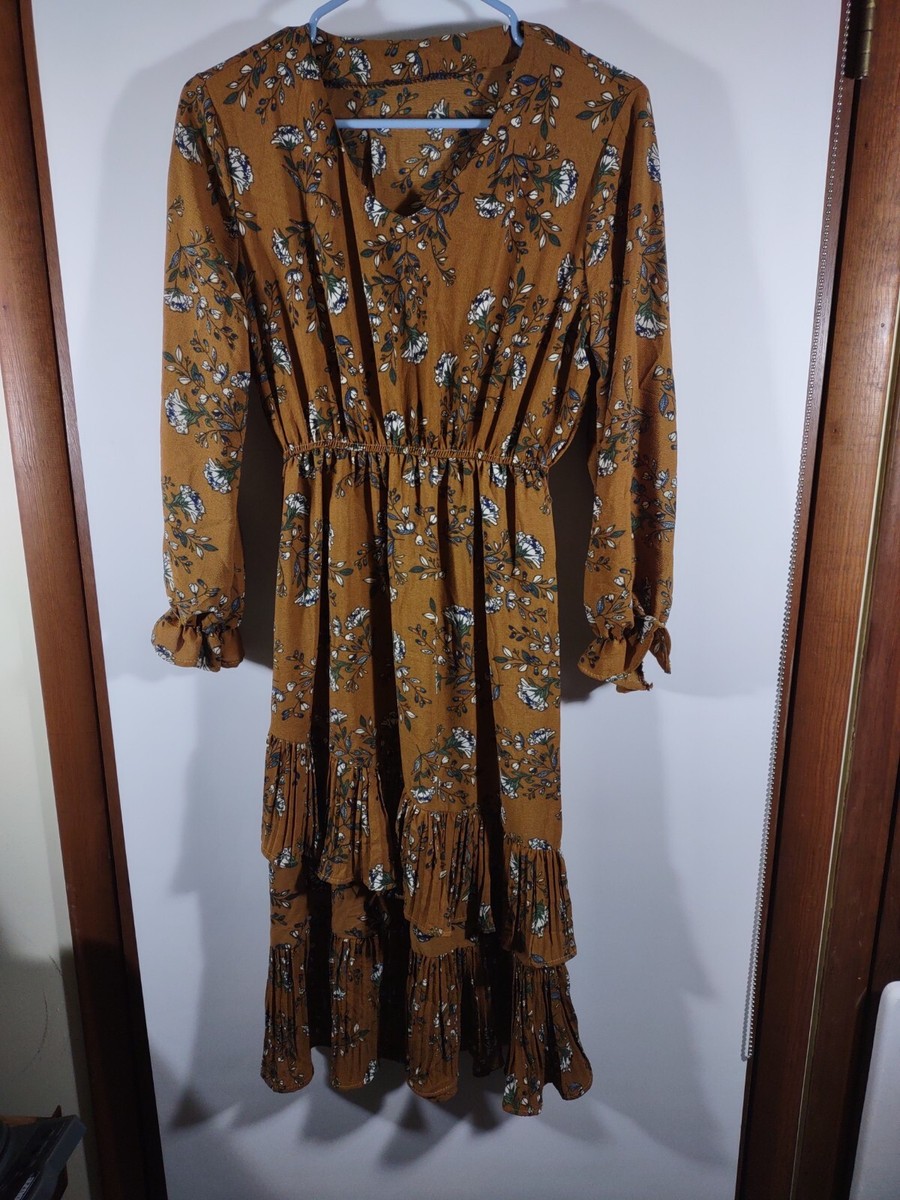 Floral Tiered Long Sleeve Midi Granny Dress, Brown Floral, See Desc., #5192  | eBay