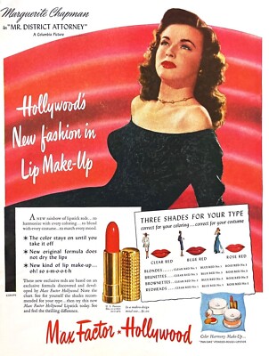 1947 MAX FACTOR LIPSTICK Genuine Vintage Print Ad Hollywood Make-Up