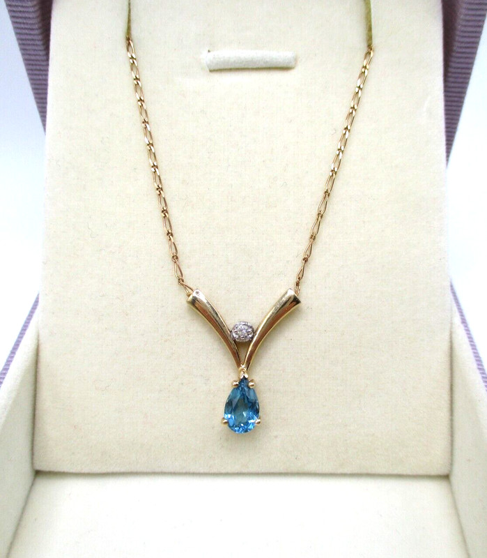 14K Yellow Gold Blue Topaz & Diamond Pendant Necklace 16" [N106]