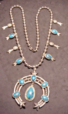 SQUASH BLOSSOM Vtg 1960-70's Necklace Imitation Turquoise NICE 24'' Great Look