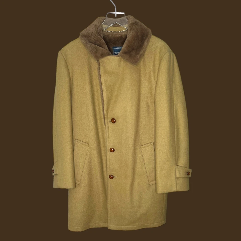 Abrigo de lana pesada marrón vintage forro de cuello de piel sintética chaqueta de 3 botones talla 40 Foto 3 de 4