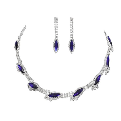 Silver Bride Wedding Jewelry Sets Blue Crystal Bridal Necklace Earrings Set Prom