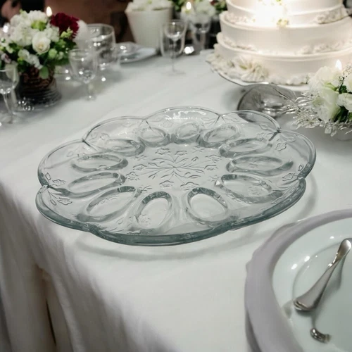 Anchor Hocking Savannah Deviled Egg Plate Clear Glass Embossed Floral Vintage