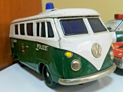 VNTG. POLICE WOLKSVAGEN BUS TRANSPORTER 537 TIN TOY 60's BATT. OPER. JAPAN DDR - 第 1/12 張圖片