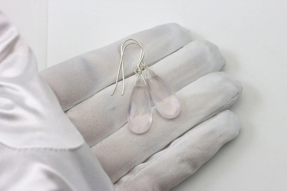 Pendientes de cuarzo rosa grandes gotas facetadas lágrima rosa oro macizo de 14 k de ley Foto 2 de 4