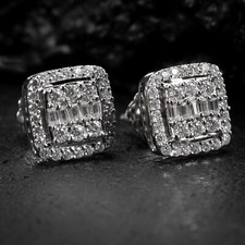 Moissanite Square Hip Hop 925 Sterling Silver Iced Baguette Men's Stud Earrings