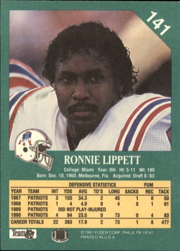 1991 Fleer Football Card #141 Ronnie Lippett - Picture 2 of 2
