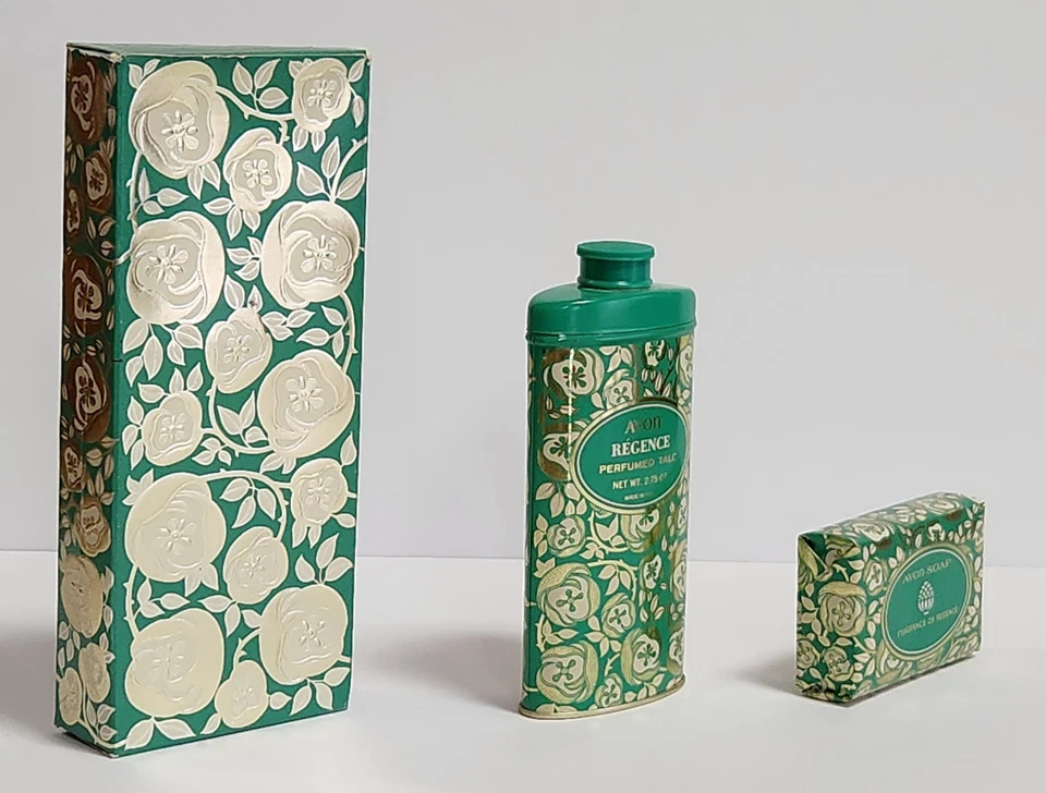 Par Perfumado AVON Jabón de Barra y Talco Regence De Colección; Patrón Verde Azulado/Dorado/Plateado, Caja Nuevo de Lote Antiguo Foto 4 de 4