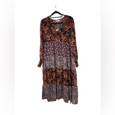 Umgee Mixed Floral Print Tiered V Neck Midi Dress S NWT Womens Prairie
