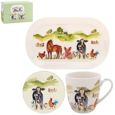 Mug with Coaster and Tray Set Farmyard Animals Art Design Snack Tableware Bundle