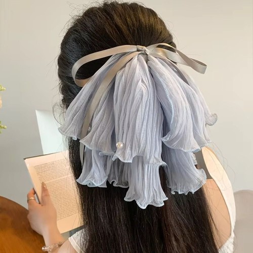 Thin Gauze Pearl Hair Clip Bowknot Shark Clamp Elegant Hair Claw Girl