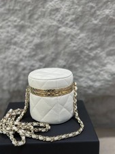 Auth Chanel Mini Vanity Cylinder Box Crossbody Bag White Quilted Lambskin