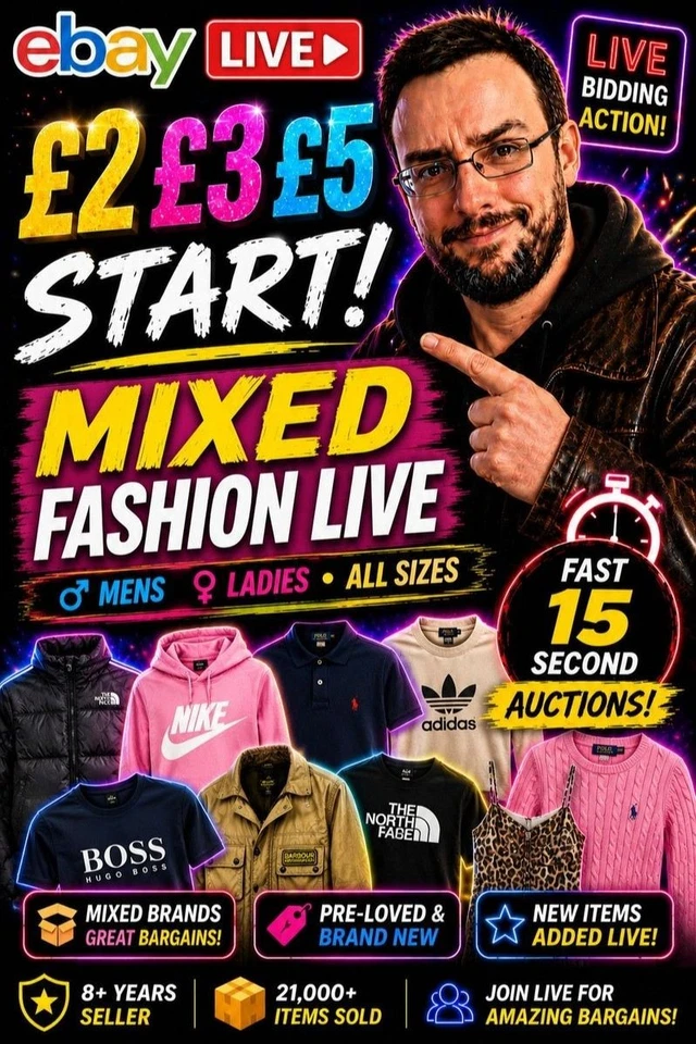 £2 £3 £5 START 🔥 MIXED FASHION LIVE MENS & LADIES FAST 15 SECOND AUCTIONS