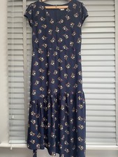BODEN Blue Floral Dress UK 12 Amy Navy Asymmetric Hem Midi Flattering Belt £120