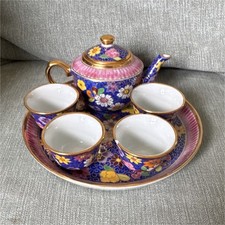 Floral Porcelain Tea Set with Teapot, Lid, Tray 4 Cups Blue Pink Gold