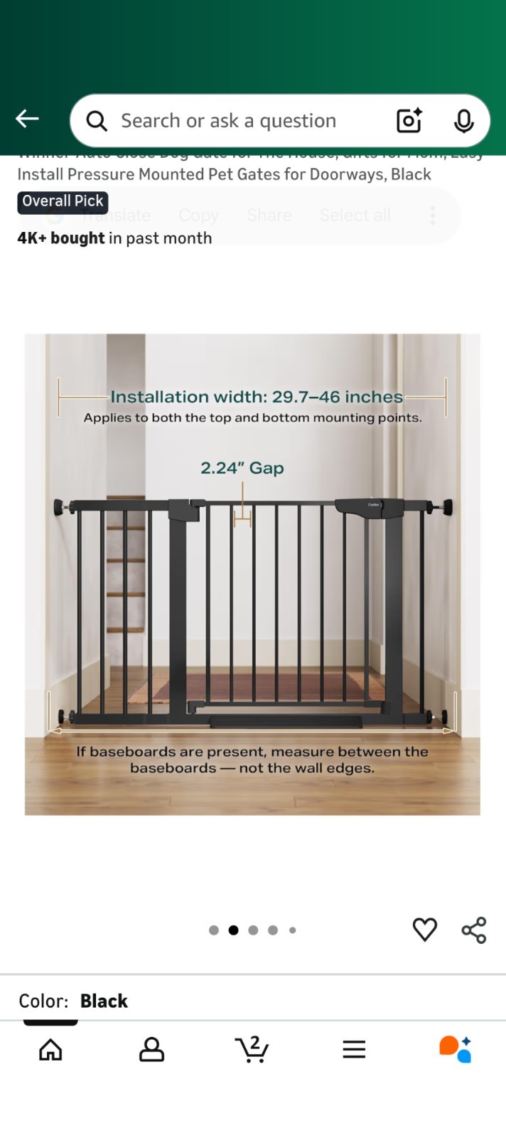 Cumbor 29.7-46" Baby Gate for Stairs, Auto Close Gate,Easy Install - Black