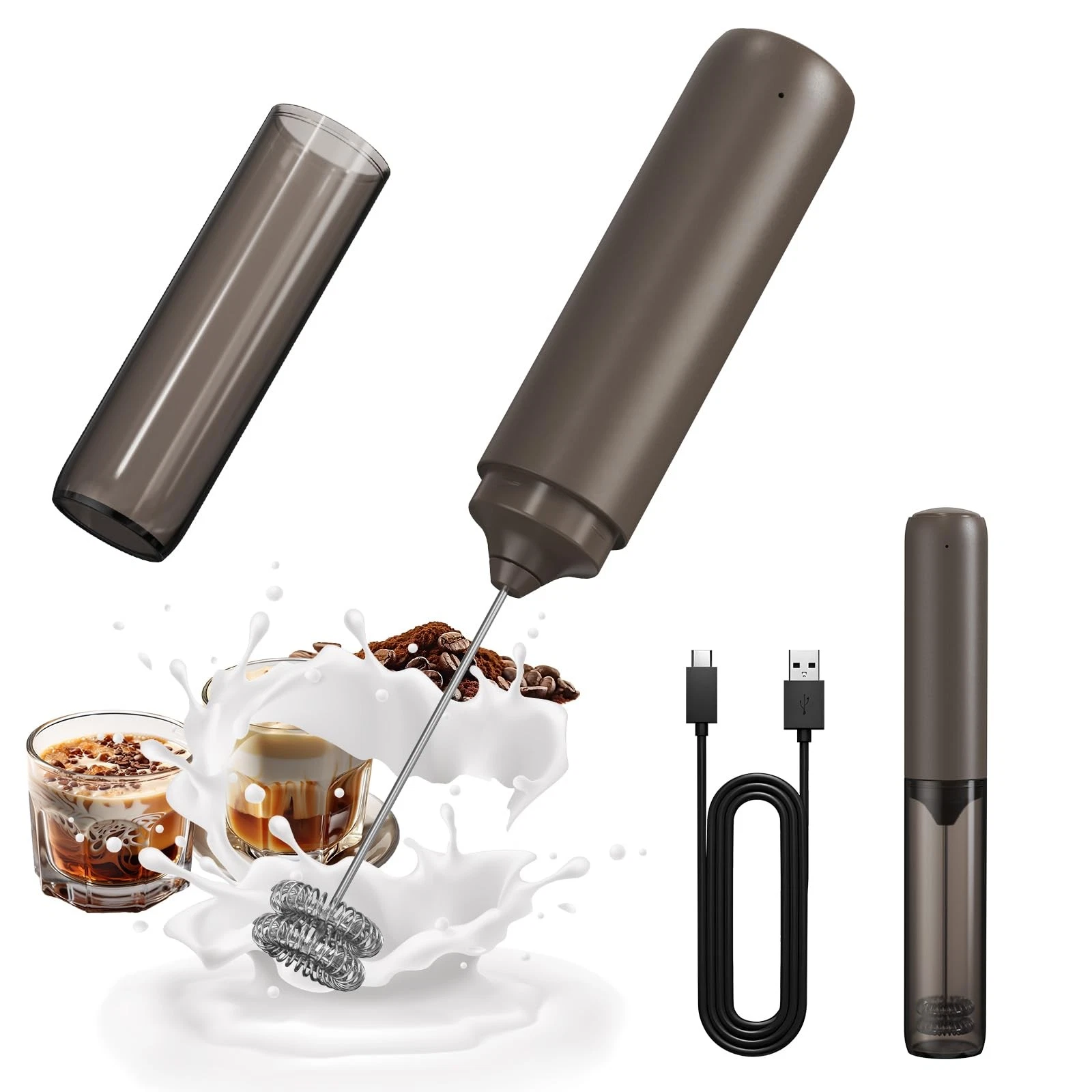 Rechargeable Milk Frother Handheld Dual Spring Whisk Electric Coffee Frother
