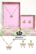 Image of Betsey Johnson Dainty Crystal Baguette Bow Tie Ribbon Necklace Earrings Set NIB