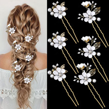 6 PCS Bridal Flower Wedding Hair Pins Crystal Pearl Hair Clips Headpiece Gold We