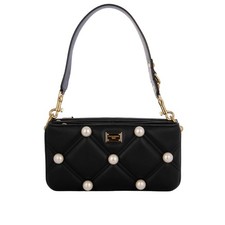 DOLCE & GABBANA Pearl DG Gold Metal Logo Medium Leather Shoulder Strap Bag Black