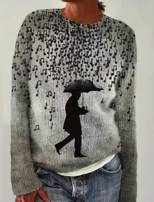 FOS Schicker Pullover mit Musiknoten Design Herbst-Winter Pullover modisch