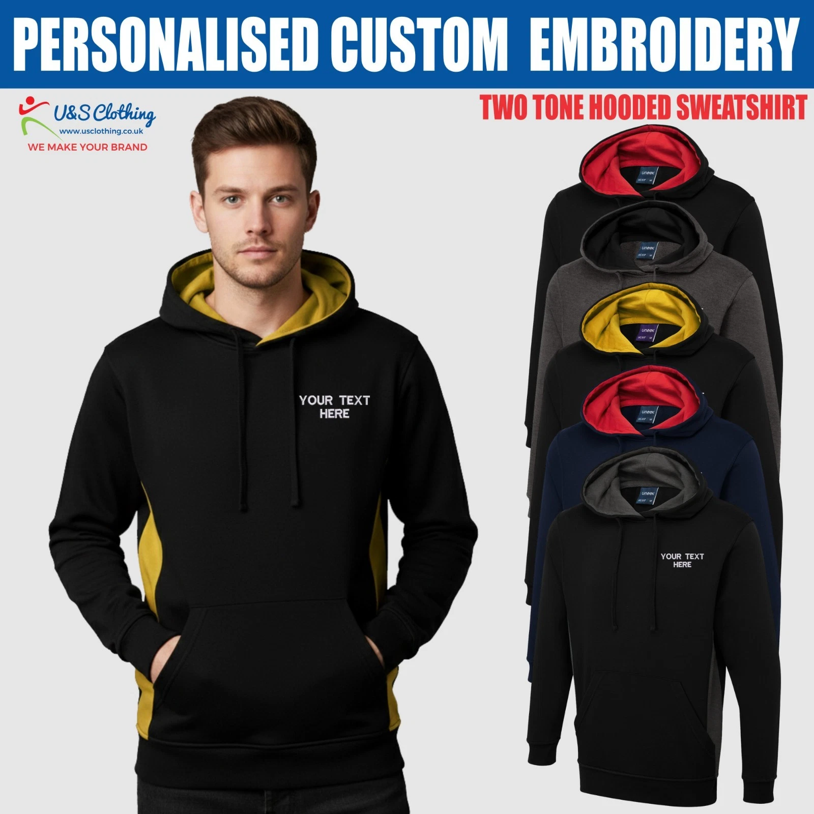 Personalised Uneek Two Tone Colour Hooded Sweatshirt Custom Embroidered Hoodie
