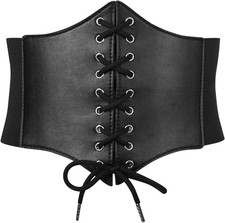 Black Corset Belt for Women, Vintage Lace-Up Elastic Waist, Tied Waspie Wide Bel
