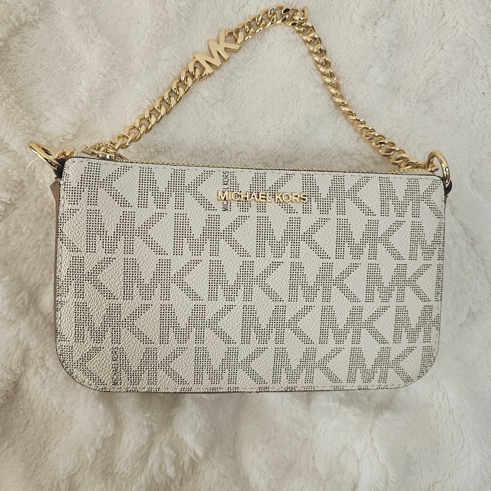This is a Michael Kors Jet Set Small Chain Pouchette in vanilla/lugg color. thumbnail 7