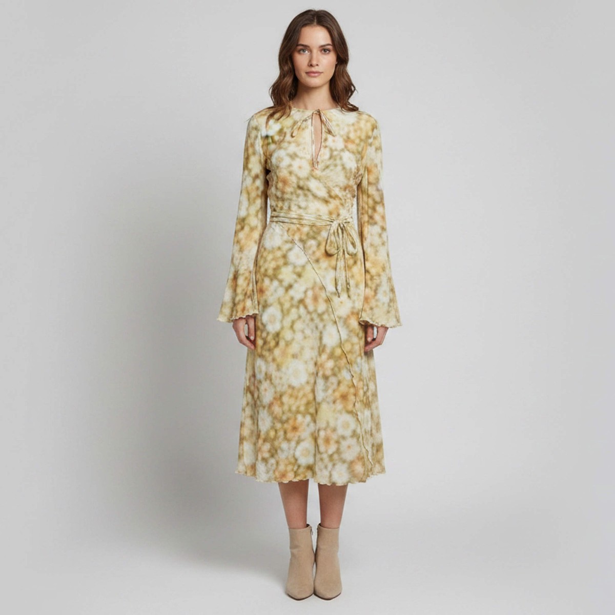 Acne Studios GreenYellow Floral Print Crepe Wrap Midi Dress L