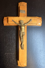Vintage Wood & Brass Wall Cross Crucifix Hidden Stash Secret Compartment 13"
